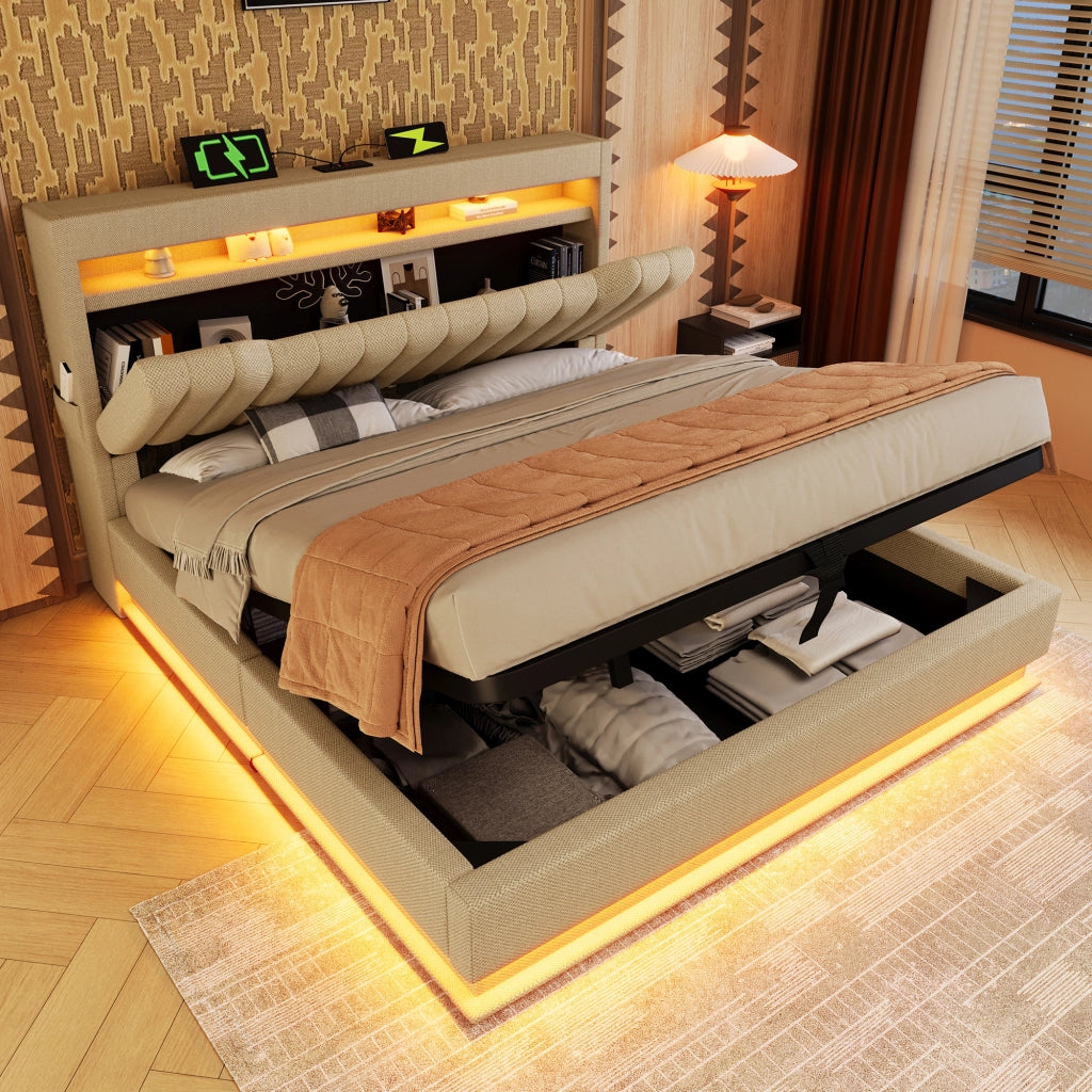 LETTO imbottito 140x200 cm in lino beige con LED, USB, Type-C e materasso incluso