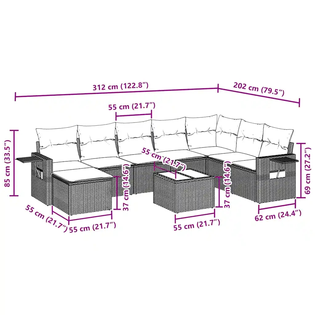 Set Divani da Giardino 9 pz con Cuscini Nero in Polyrattan 3252903