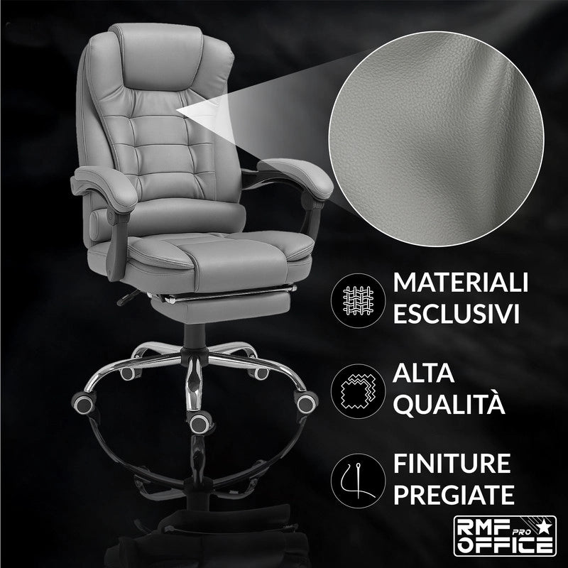 RMF Sedia Ufficio Ergonomica Professionale Reclinabile, Sedia Scrivania Seduta Comoda e Rilassante con Poggiapiedi - Poltrona Relax con Ruote Girevoli Altezza Regolabile Grigio