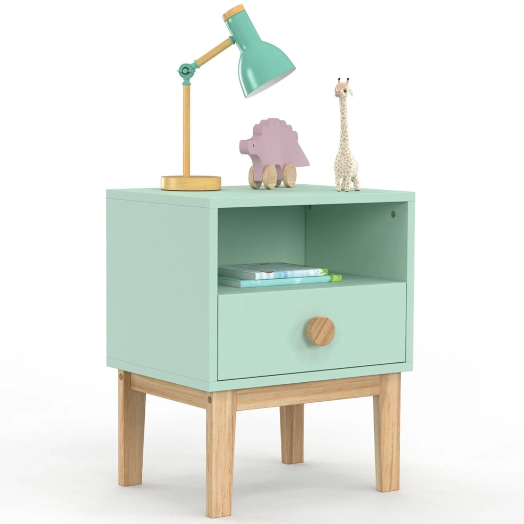 IDMarket - Comodino per bambini JACOB, 1 cassetto + 1 nicchia, verde acqua e legno