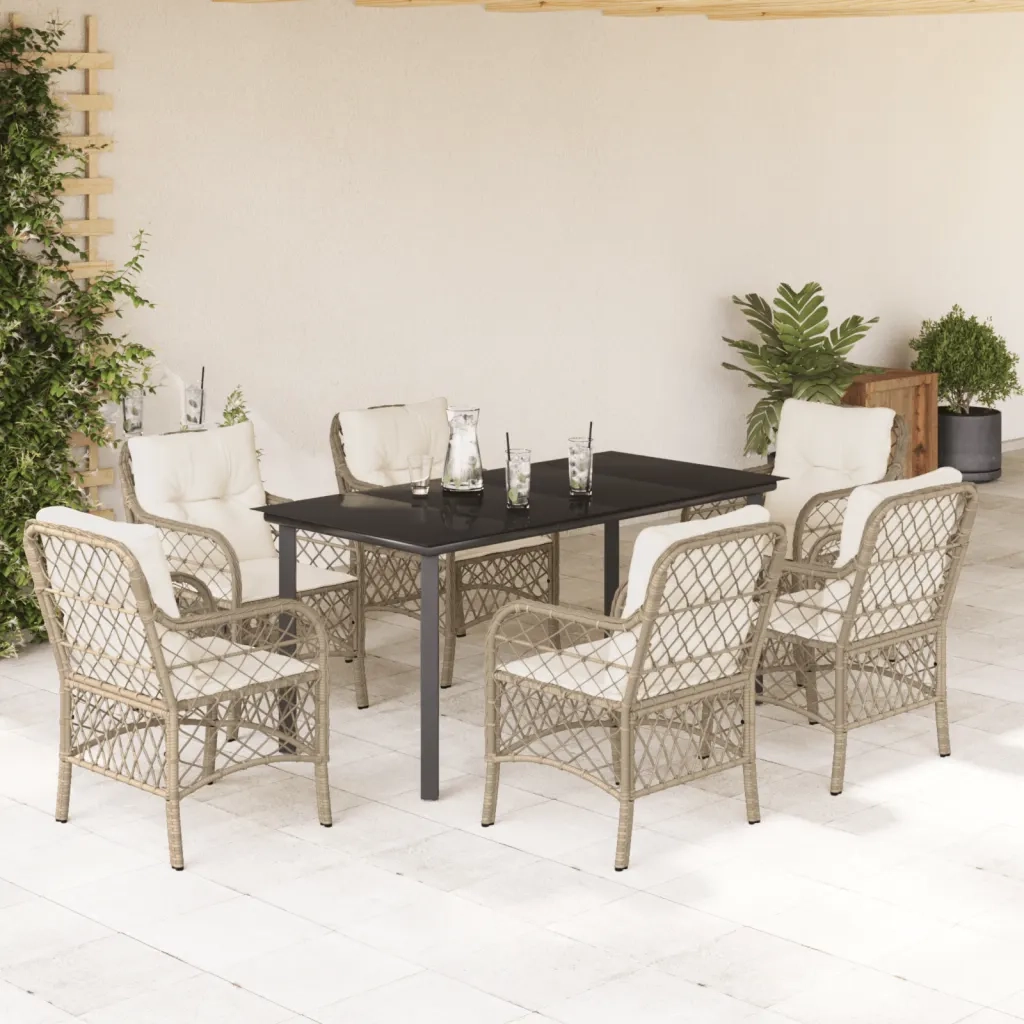 Set da Pranzo da Giardino 7 pz con Cuscini Beige in Polyrattan