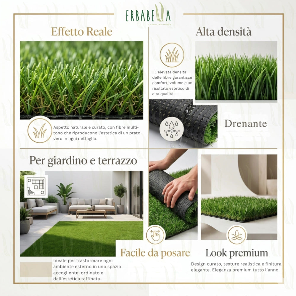 Erbabella rotolo prato erba sintetica 25 mm drenante effetto reale giardino e terrazzo *** misura 2 x 10 m, confezione 1