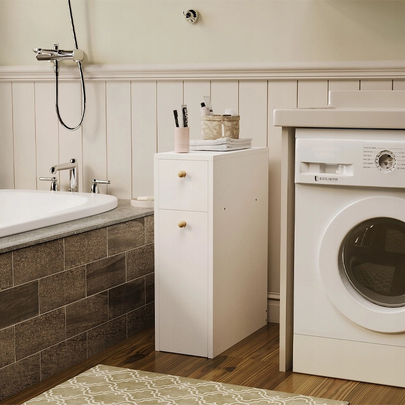 Mobiletto da bagno stretto con colonna, ripiano bianco e cassetti, design moderno