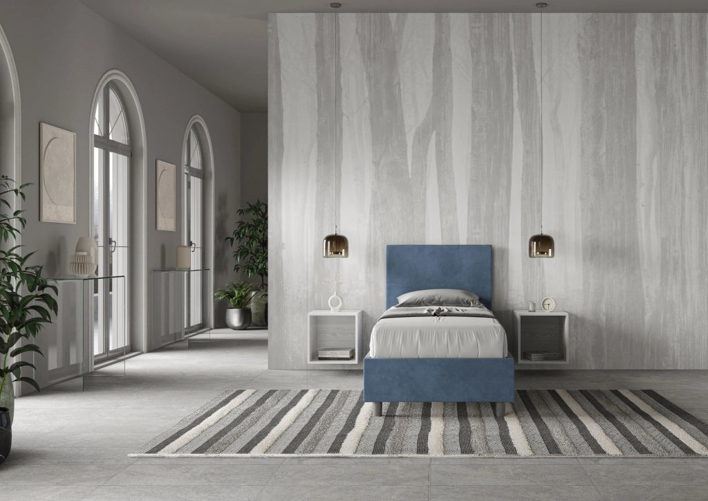 BS COM Letto singolo senza rete imbottito 90x190 microfibra blu