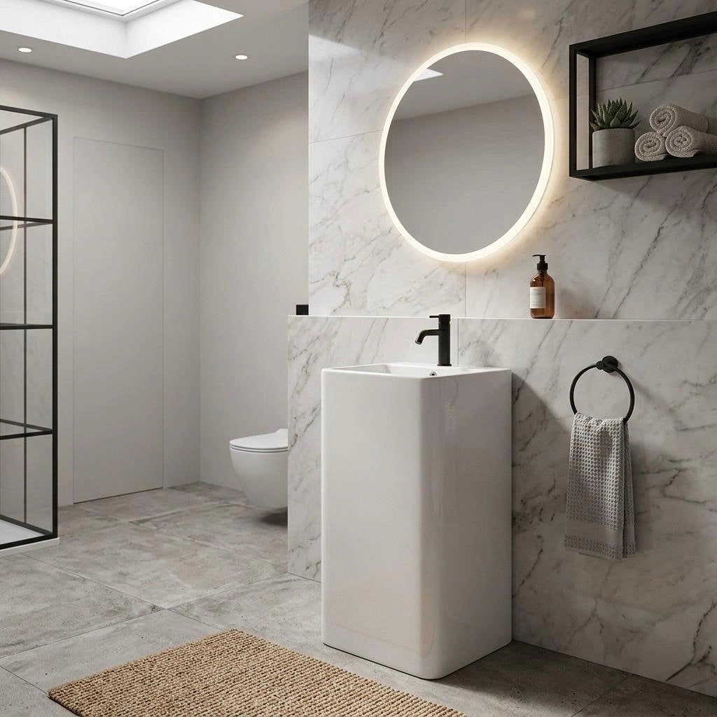 Lavabo freestanding quadro in ceramica con foro rubinetto -  Bianco