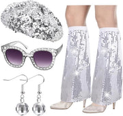 Accessori per costume da discoteca 70s - Cappello a pailletten - Occhiali da discoteca - Balze da discoteca - Calze da calore per gambe - Ideali per feste di costume