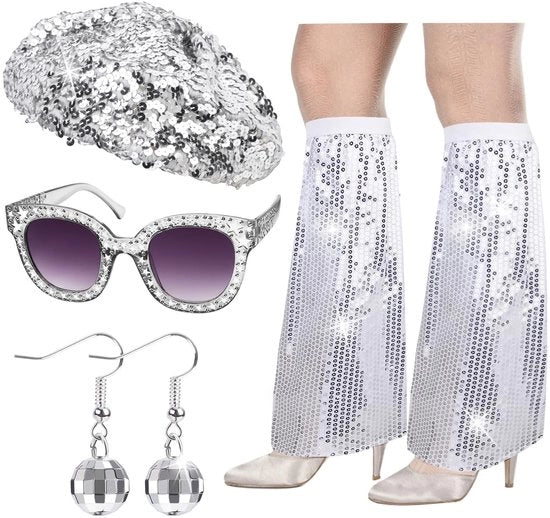 Accessori per costume da discoteca 70s - Cappello a pailletten - Occhiali da discoteca - Balze da discoteca - Calze da calore per gambe - Ideali per feste di costume