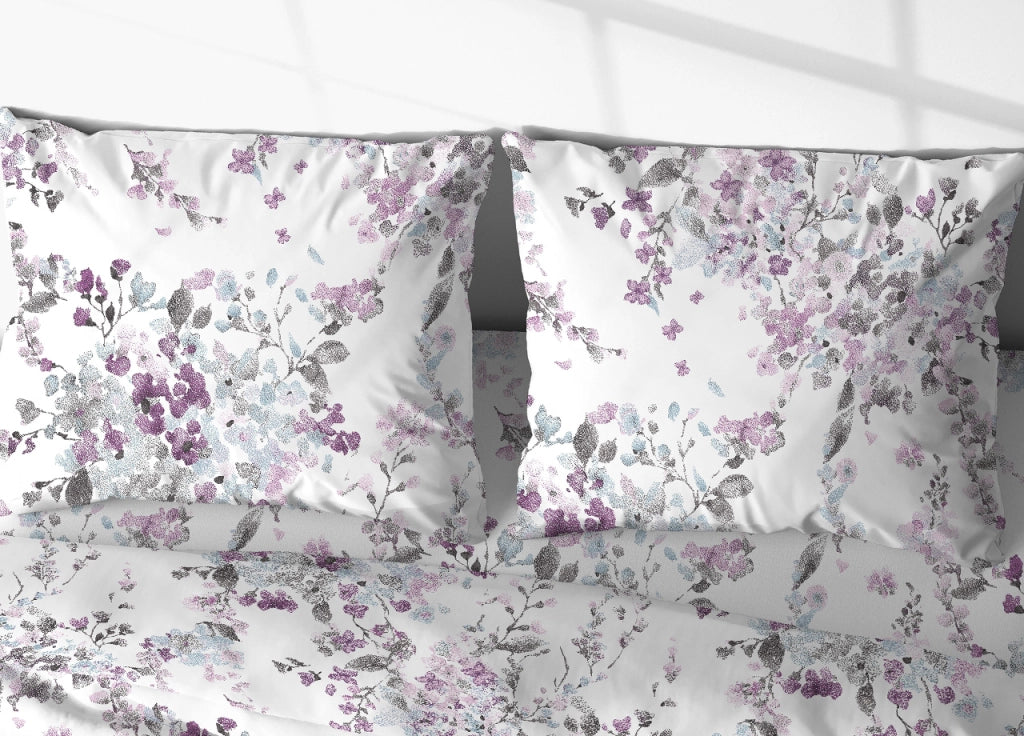 Coppia Federe Cuscino Letto 100% Cotone Disegno Acquarello Bottoni Laterali