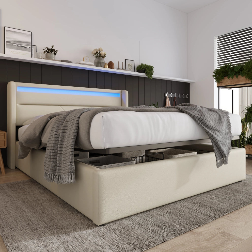 LETTO Contenitore idraulico 140x200 cm in PU bianco con LED