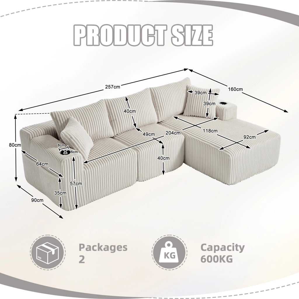 Divano Modulare con Chaise Longue e 2 Posti ¨C MINIMAL ¨C Velluto a Coste, Cuscini, Portabicchieri