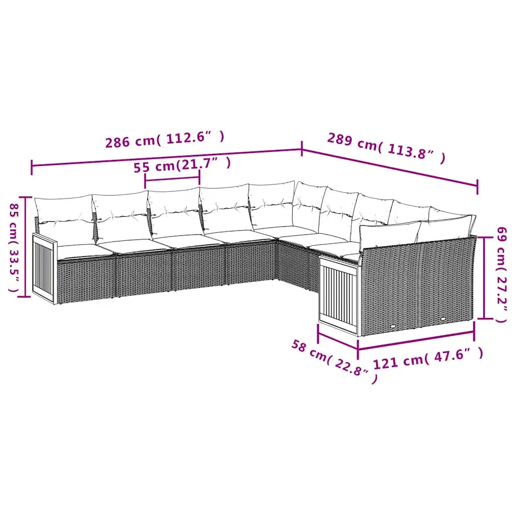 Set Divani da Giardino 10 pz con Cuscini Nero in Polyrattan 3228031