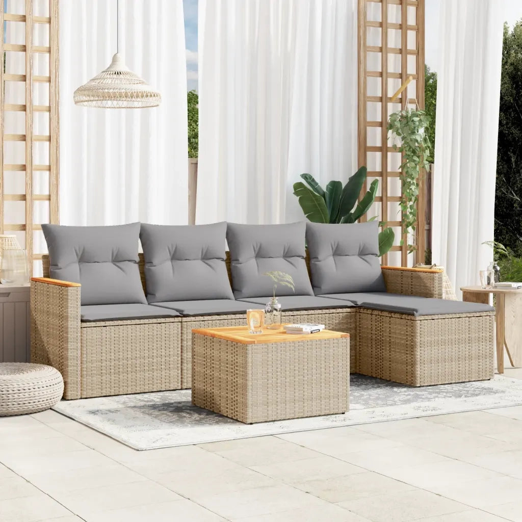 Set Divano da Giardino 6 pz con Cuscini Beige in Polyrattan