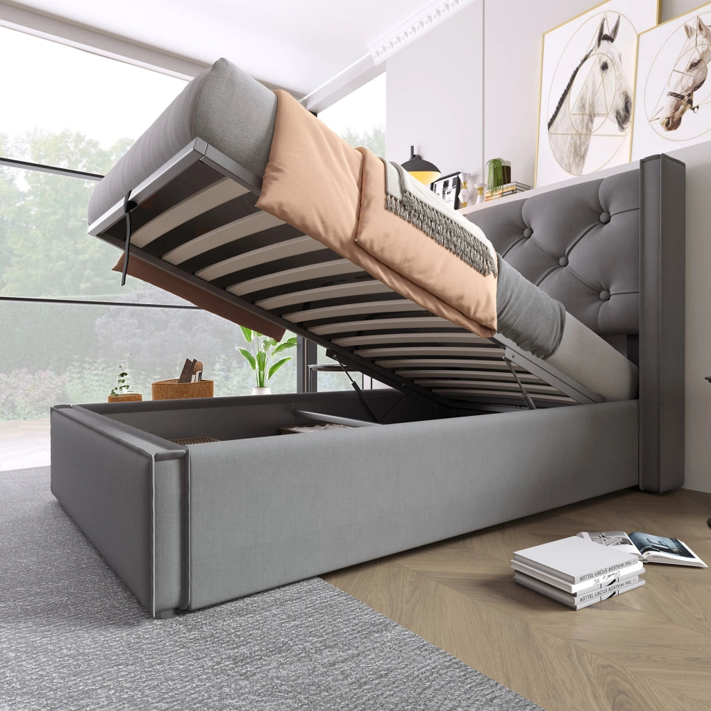 LETTO Imbottito con contenitore 90x200 cm Cotone Grigio