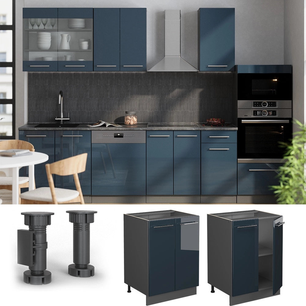 Mobiletto base cucina Fame-Line Blu scuro lucido/Antracite 60 cm, PL Rovere Vicco