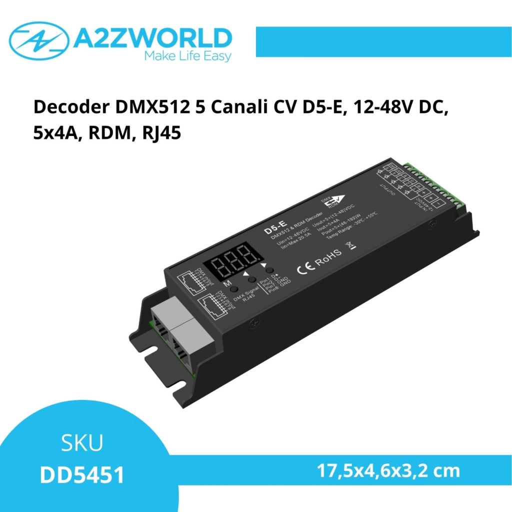 Decoder DMX512 5 canali CV D5-E, 12-48V DC, 5x4A, RDM, RJ45