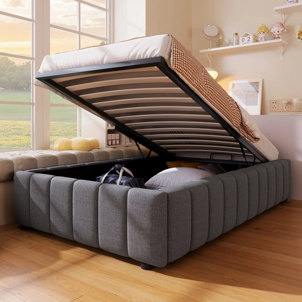 DESMIU Letto Singolo 90 × 200 cm con contenitore idraulico, senza materasso, in lino, grigio