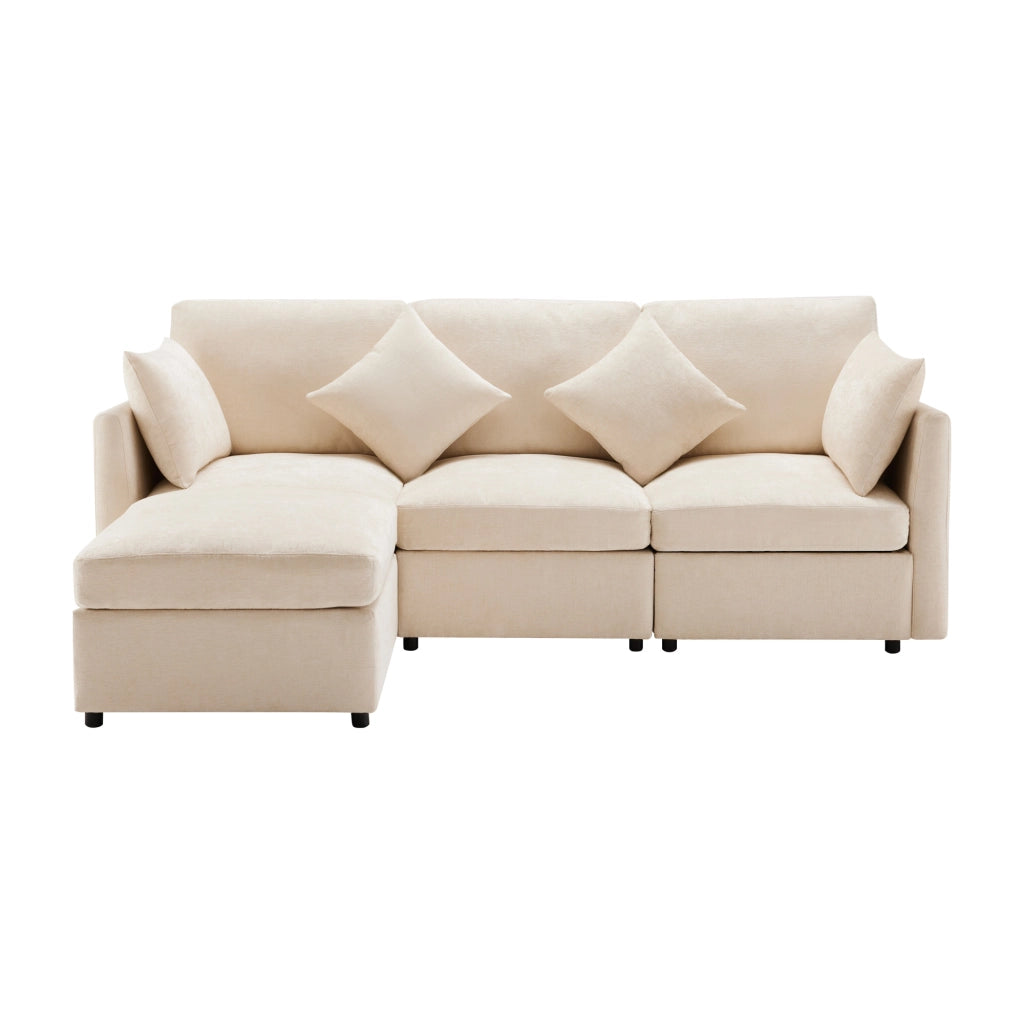 Divano angolare L convertibile in 3 posti - Zephmum - Modulare con pouf mobile e 4 cuscini in chenille, beige