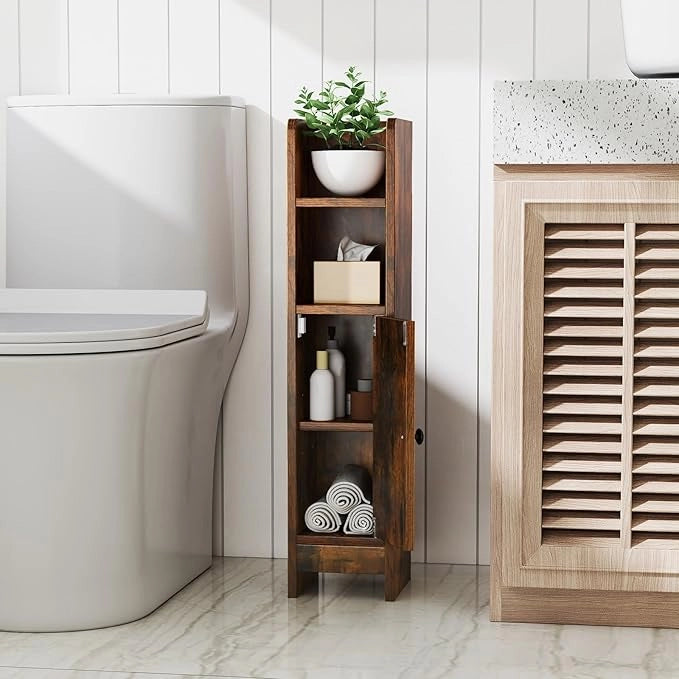 Mobiletto Bagno, Credenza da Terra in Legno per Angoli con Porta e Ripiani Regolabili, Credenza Stretta Salvaspazia per Porta Carta Igienica, Ideale per Bagno e Cucina (Marrone)