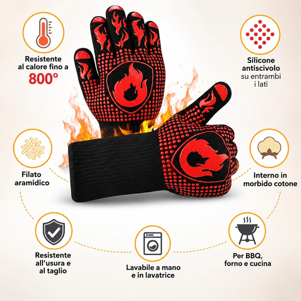 GUANTO BBQ DA FORNO CUCINA PER BARBECUE IGNIFUGO RESISTENTE CALORE FINO A 800°