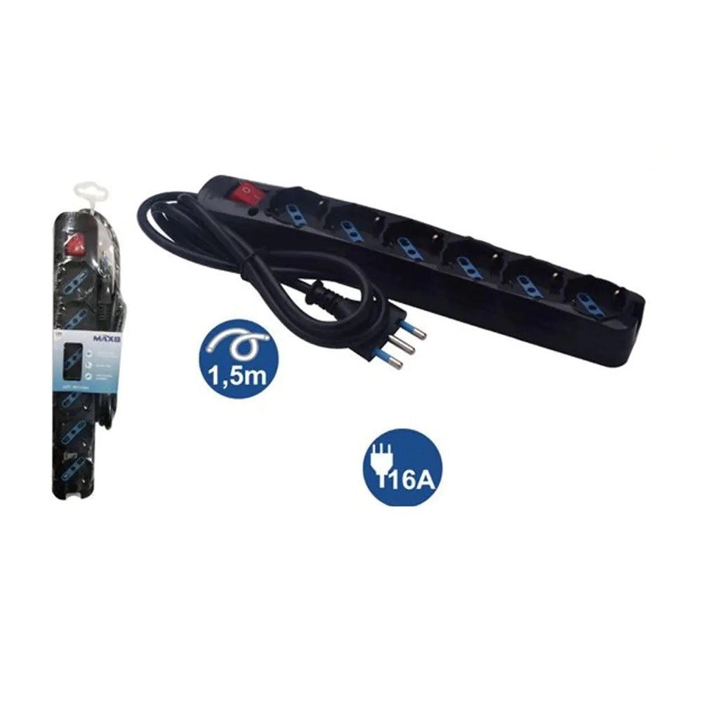 Trade Shop - Multipresa 6 Uscite Universali Schuko Bipasso Spina 16a Cavo 1.5 Mt Nero 80098n -