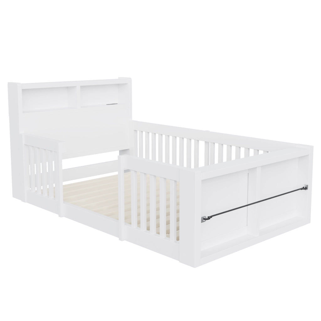 Letto multifunzione per bambini 90 x 190 cm con sponde alte, USB, luce notturna e vano contenitore, bianco
