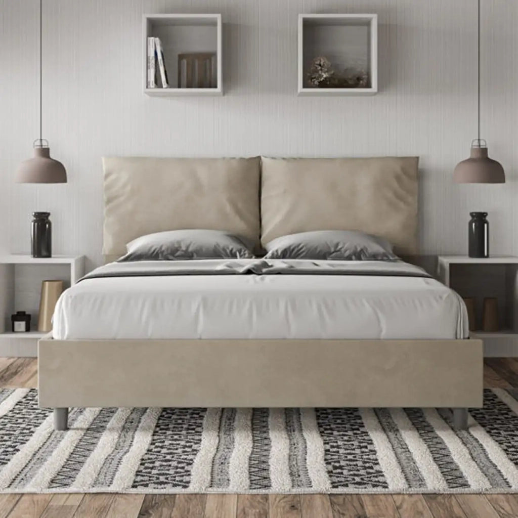 Letto matrimoniale con rete imbottito 160x200 microfibra sabbia Antea