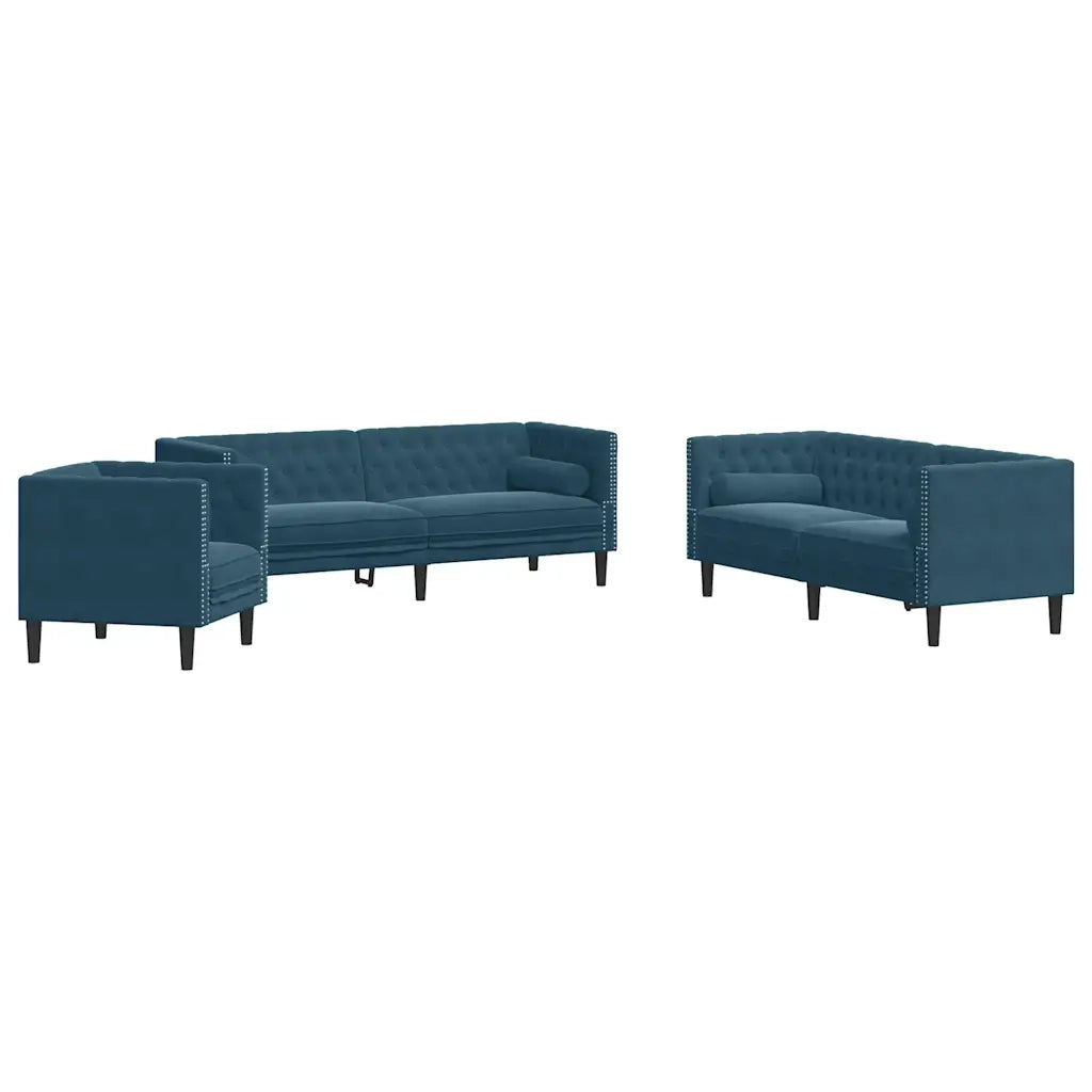 Set Divani Chesterfield 3pz con Cuscini Blu Velluto 3209289