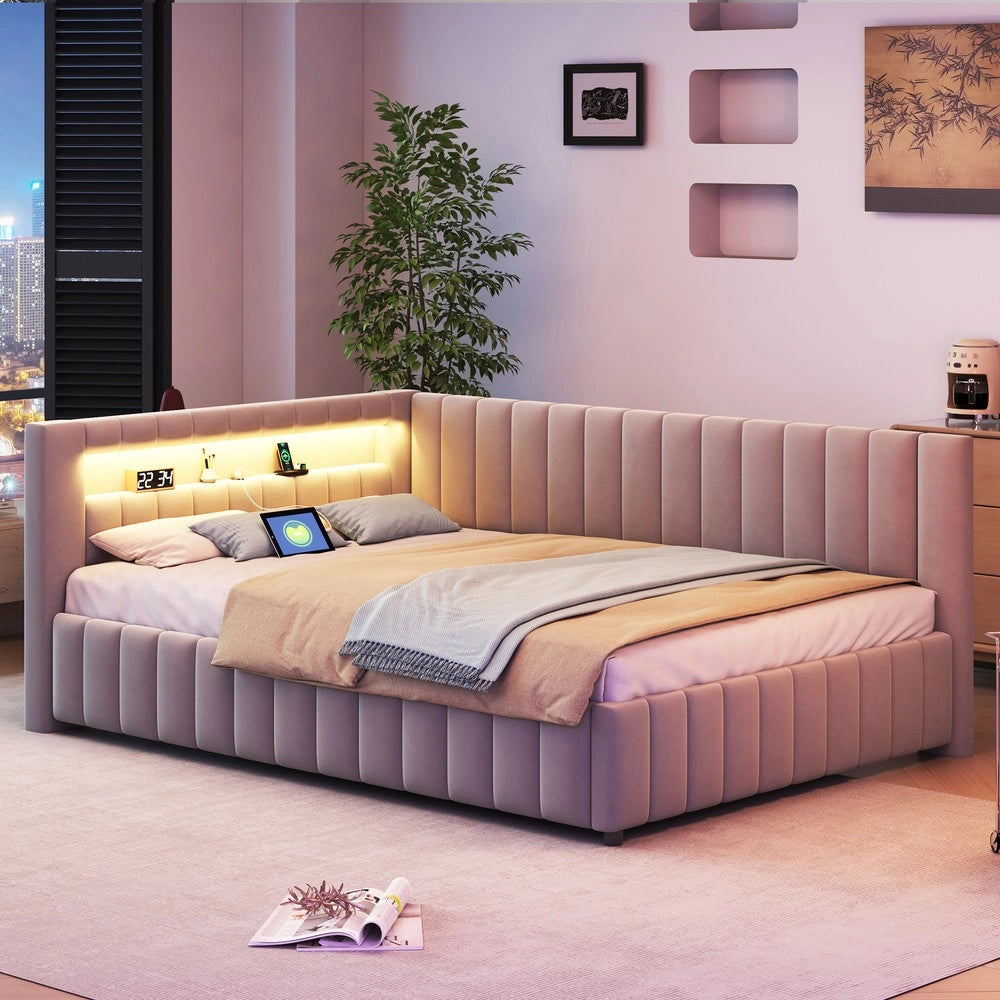 Letto Imbottito con LED e USB ¨C MINIMAL ¨C Velluto Grigio 140x200