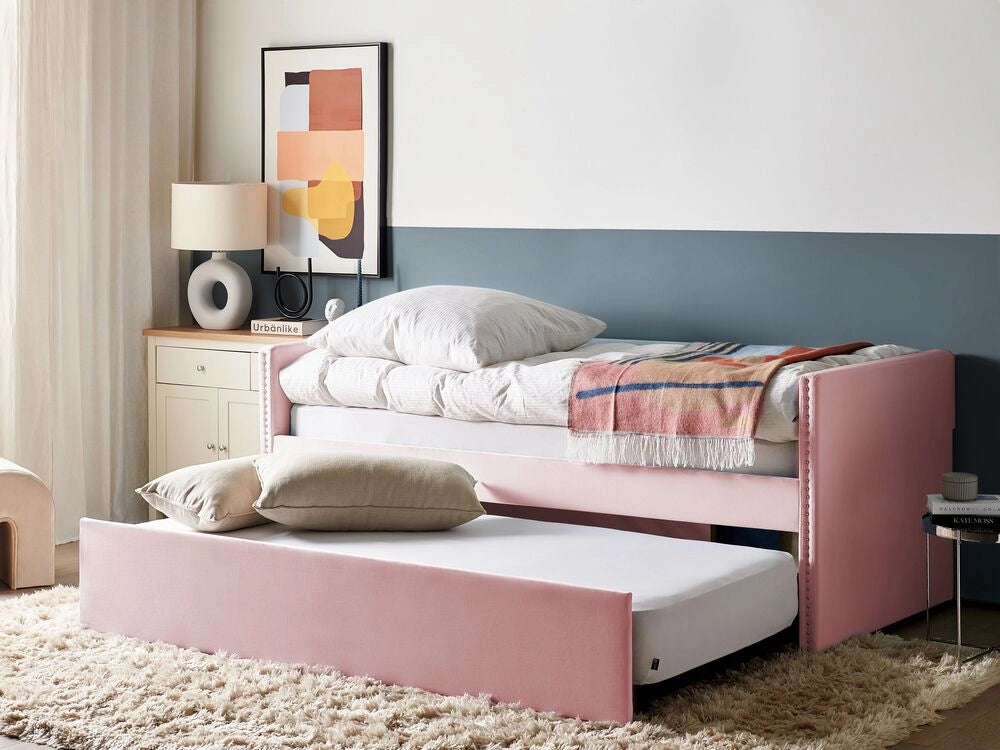 Letto estraibile 90 x 200 cm Velluto rosa Singolo doghe in legno Daybed Glamour Borchie decorative