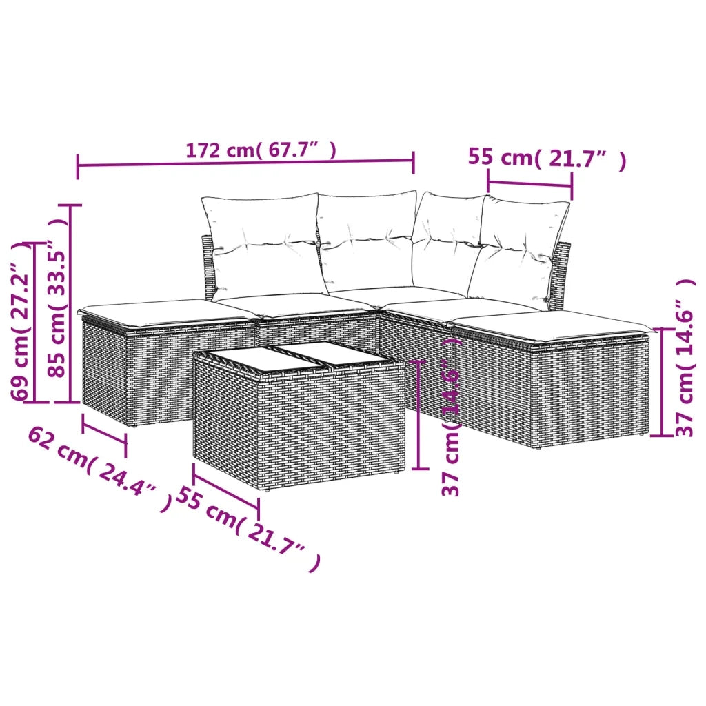 Set Divano da Giardino 6 pz con Cuscini Nero in Polyrattan
