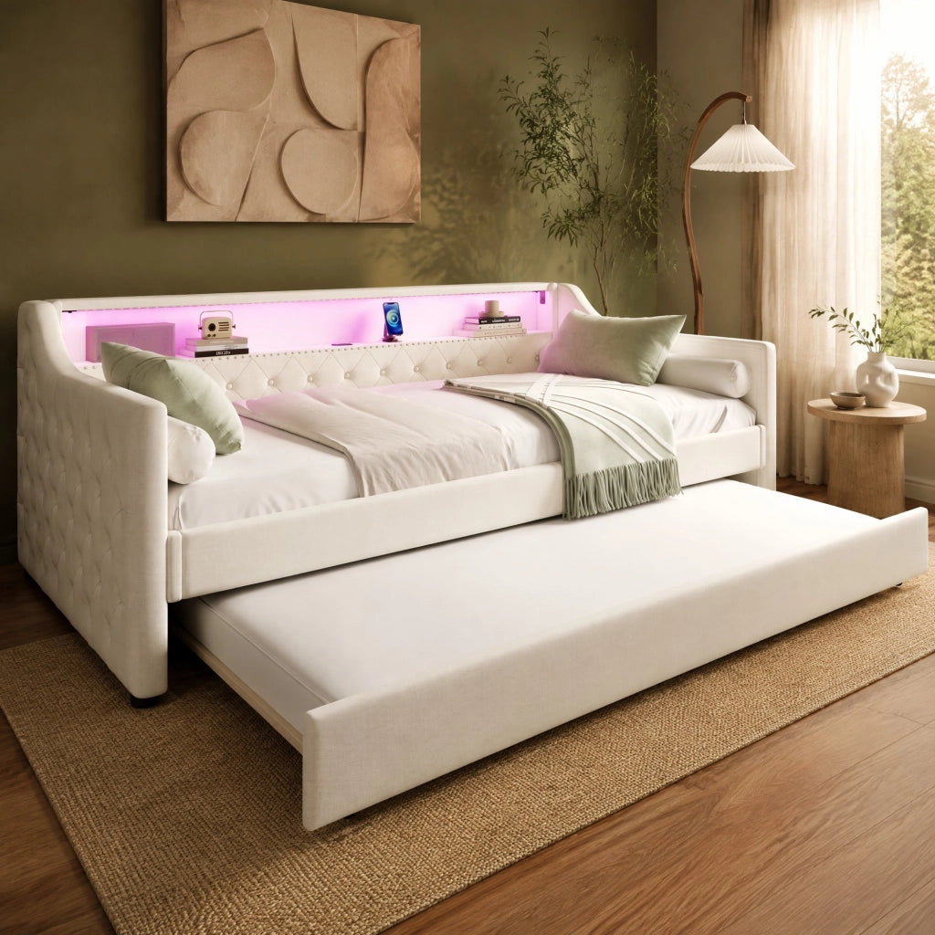 LETTO Divano letto estraibile 90x200 cm Lino Beige con LED e USB