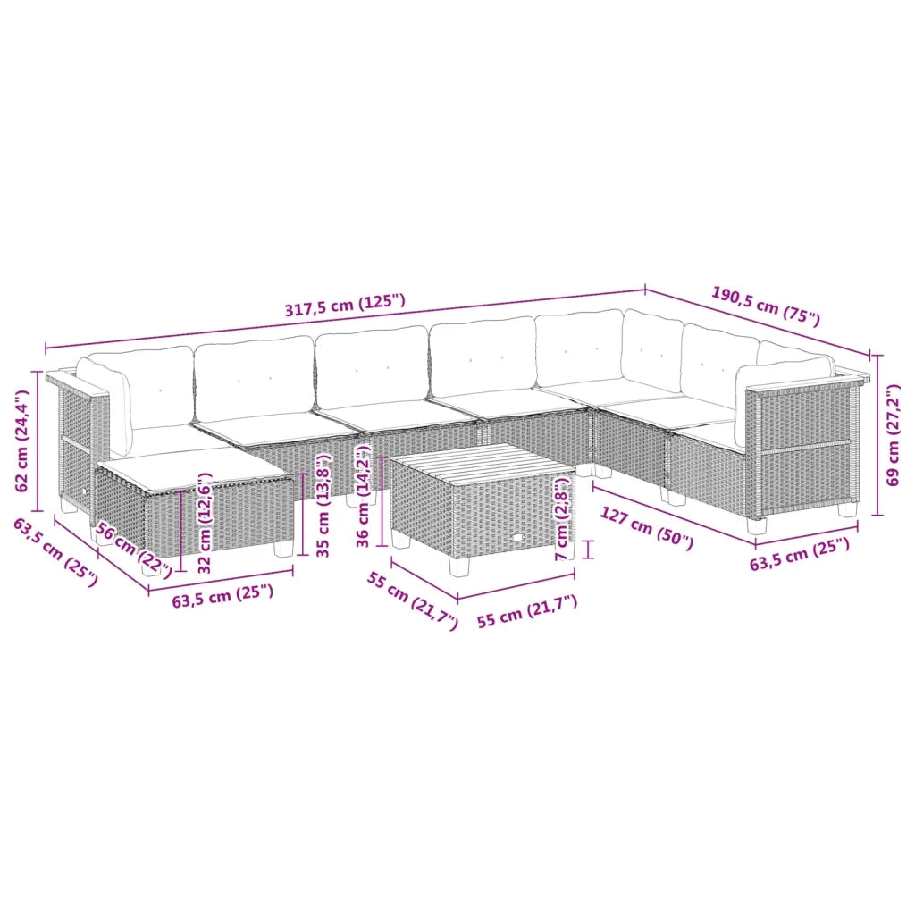 Set Divani da Giardino 9 pz con Cuscini Nero in Polyrattan 3261959