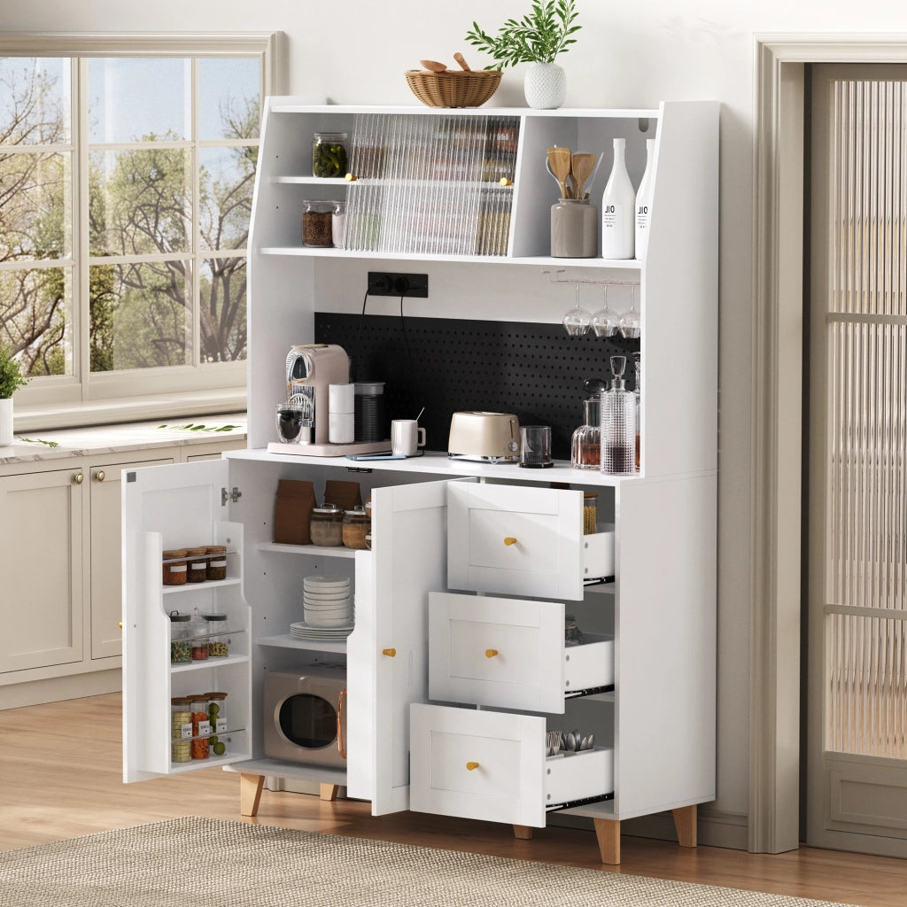 Armadio da cucina con prese e pannello forato - Zephmum -  Bianco - Ripiani per vino e cassetti