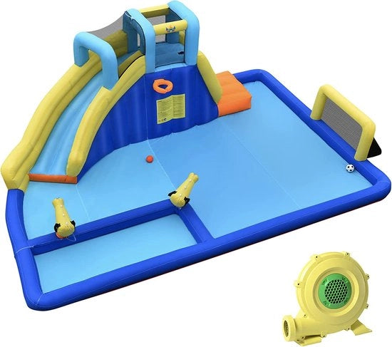 Piscina gonfiabile 6 in 1 - Castello bagnante con scivolo - Parco acquatico con parete da scalare - Pistola acquatica - Porta calcio - Incluso ventilatore - Dimensioni 526 x 373 x 205 cm