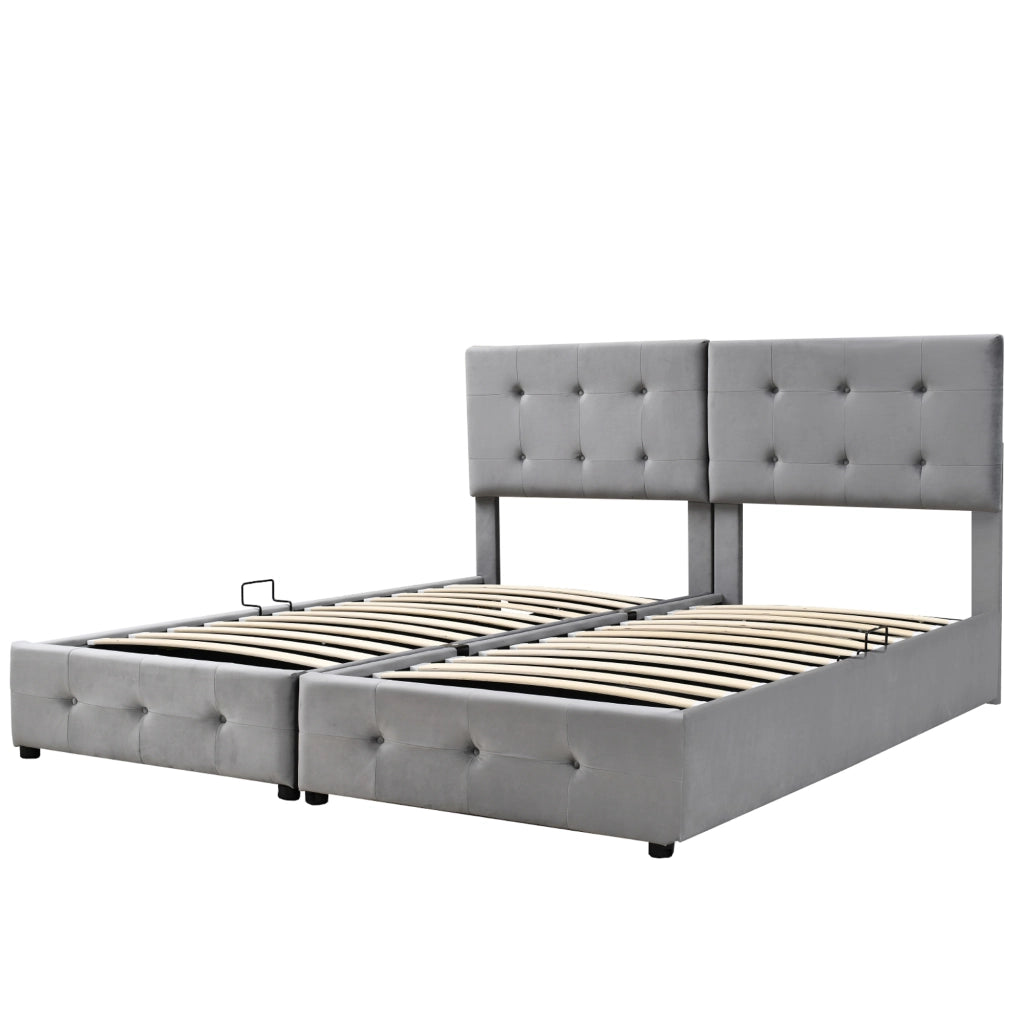 Letto imbottito idraulico 180x200 cm con contenitore, trasformabile in 2 letti singoli, in velluto grigio
