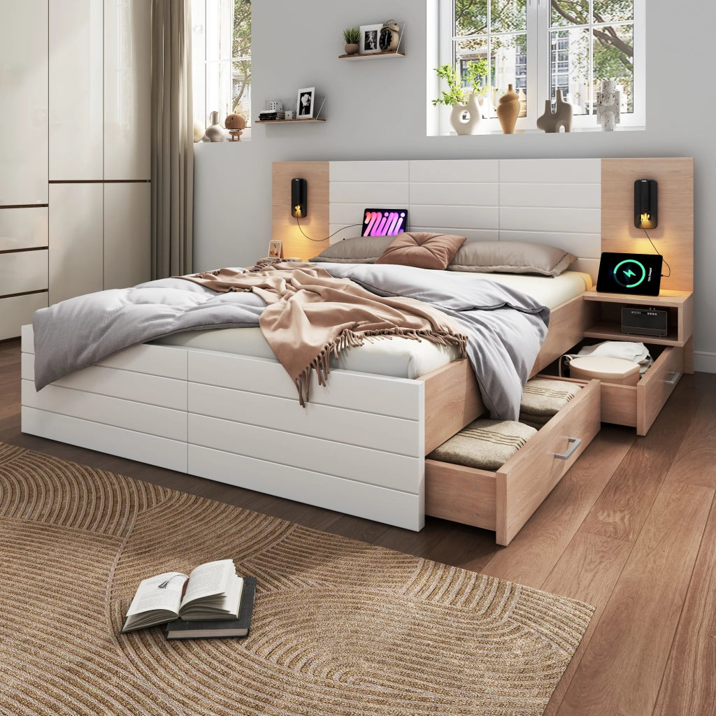DESMIU Letto con cassetti letto matrimoniale 2 posti con 2 cassetti, lampada da lettura e USB, 180 × 200 cm, senza materasso