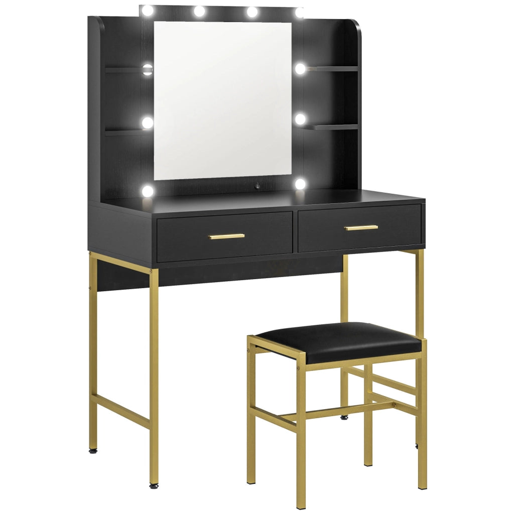 Toeletta con Specchio LED e Sgabello ¨C Xylo ¨C 10 Lampadine, 2 Cassetti, Nero
