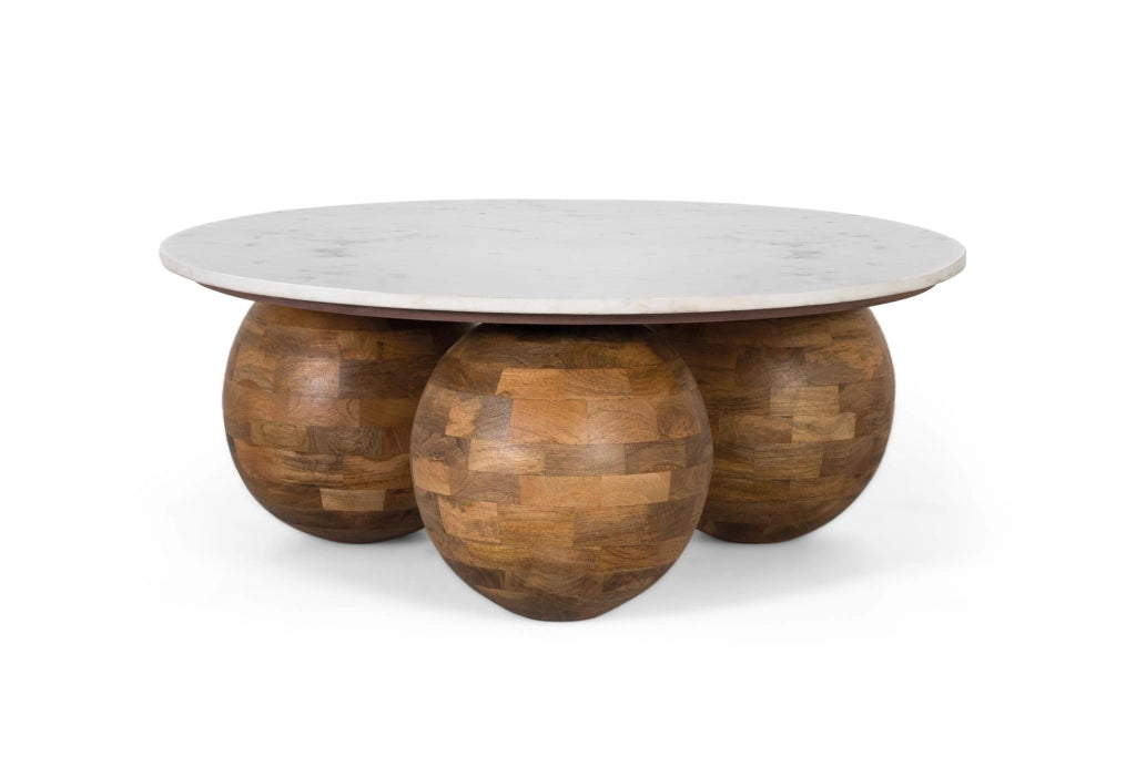 Tavolino rotondo in marmo e legno di teak