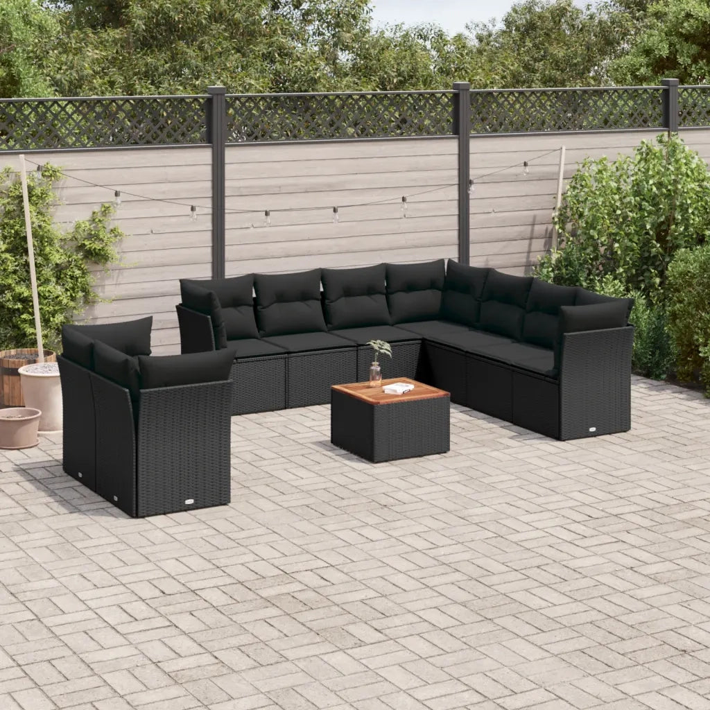 Set Divani da Giardino 10pz con Cuscini in Polyrattan Nero 3256041