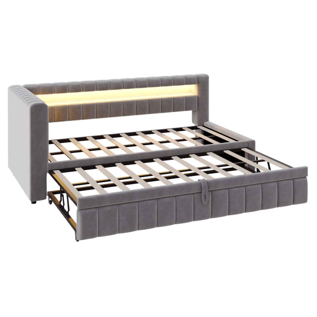 Divano letto imbottito con letto estraibile; LED; USB e Type-C; 90x200 cm; grigio