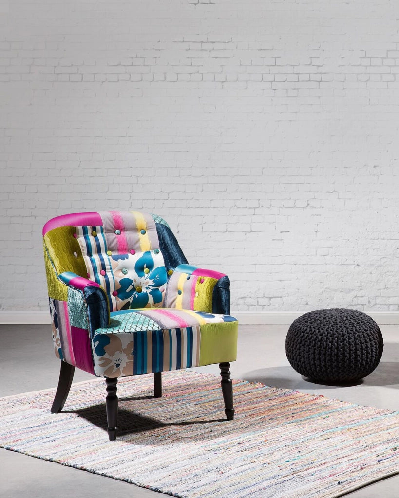 Poltrona Multicolore Tessuto Blu Patchwork Sedia Club Bottone Gambe In Legno capitonné