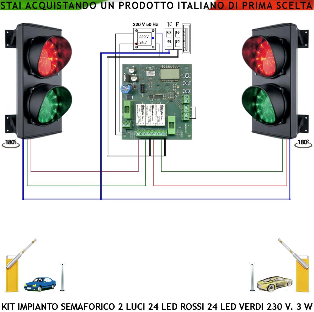 Semaforo Esterno IP65 Kit Impianto Semaforico da 24 Led Rossi e 24 Led Verdi Funzioni Automatiche Cicliche a Tempo Regolabili da 8 a 120° Alimentazione 230 V Hz 3W Omologato Garage Parcheggio e Garage
