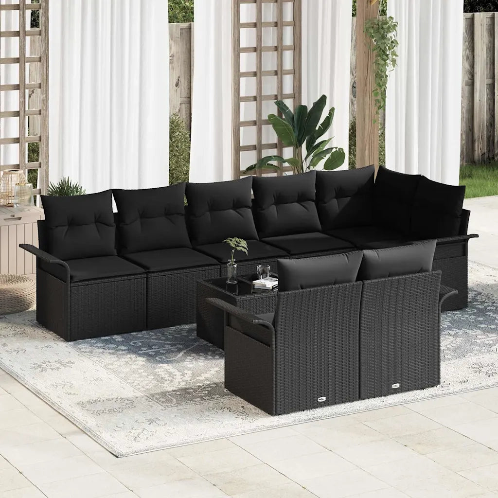 Set Divano da Giardino con cuscino 9 pcs Nero Poly Rattan