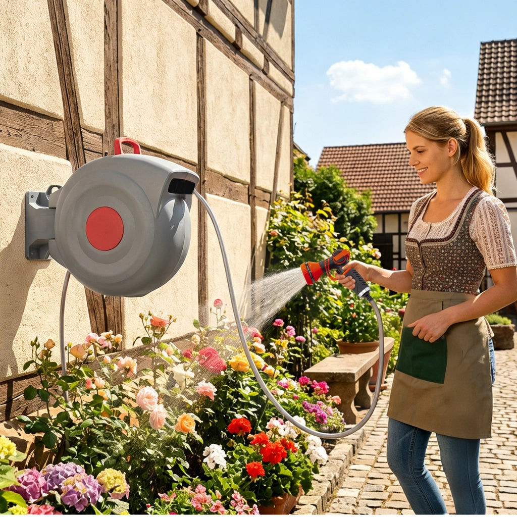 Avvolgitubo da Giardino 30m con Testa Spray 9 Funzioni ¨C MINIMAL ¨C Parete, Antirugine, Resistente UV