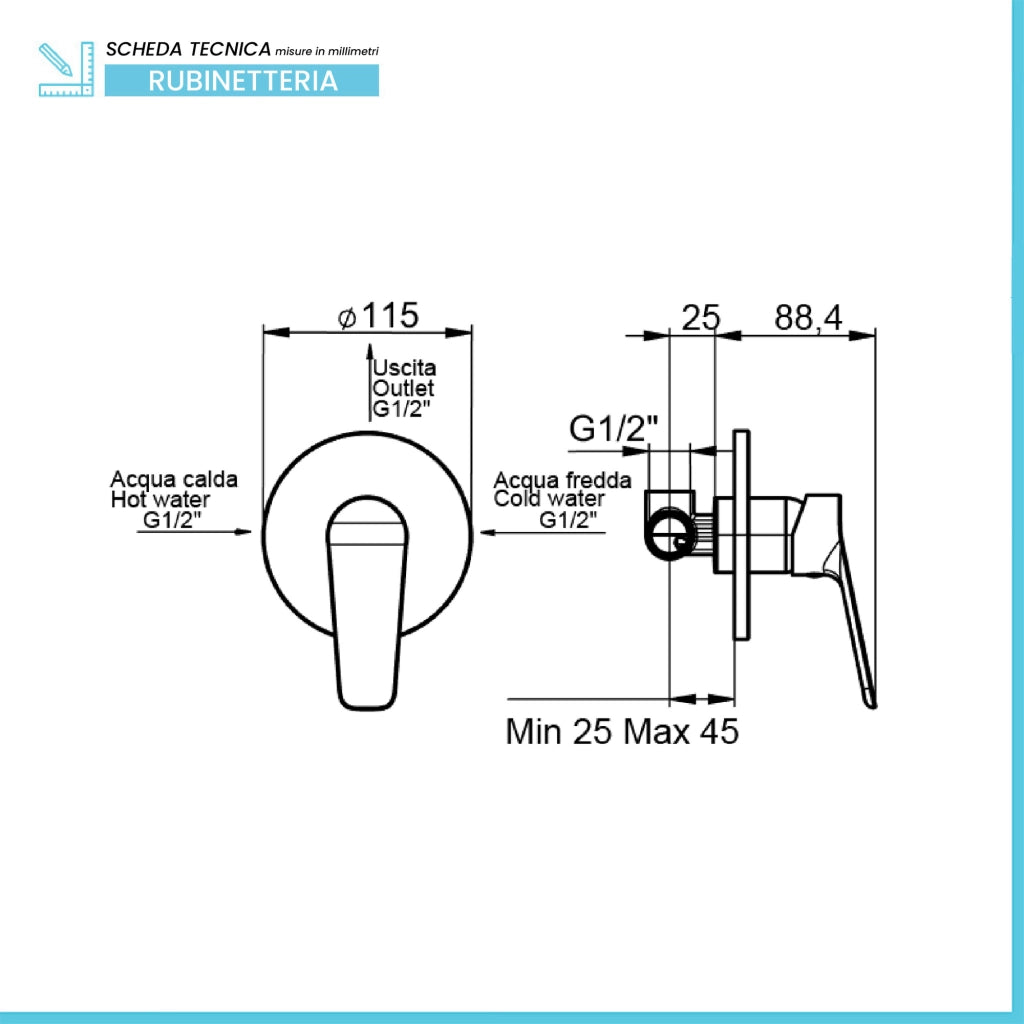 Set miscelatori lavabo, bidet e doccia in ottone cromato lucido Aurora