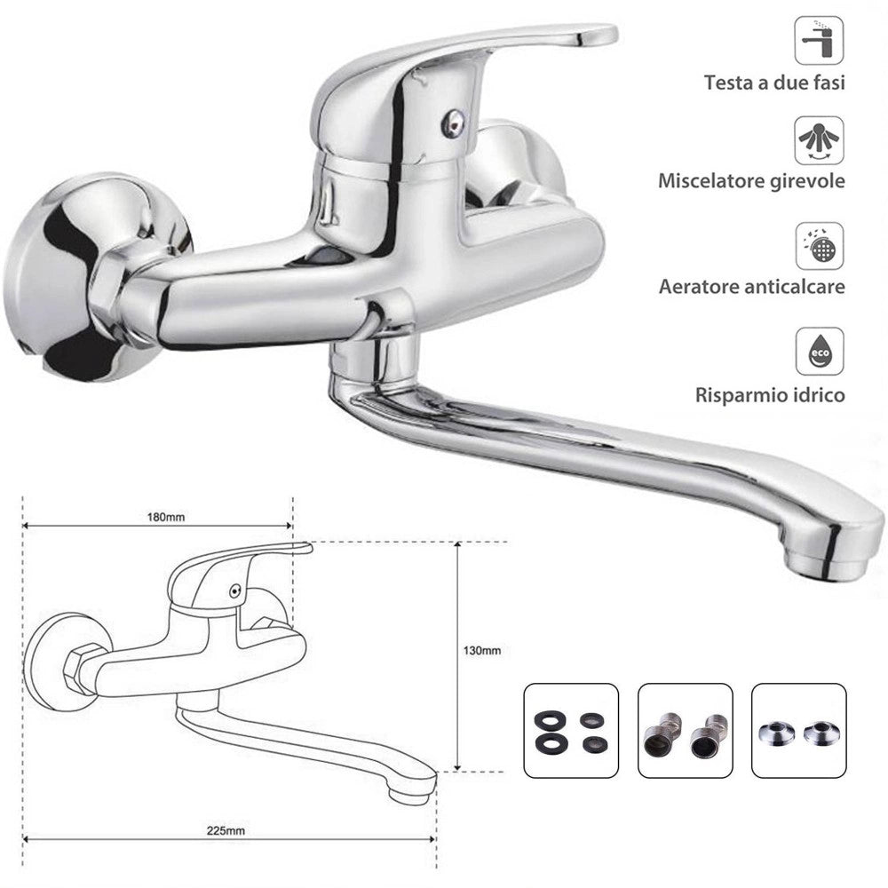 Trade Shop - Miscelatore Rubinetto Monocomando Lavello Cucina Canna Alta Cromato Muro 69139 -