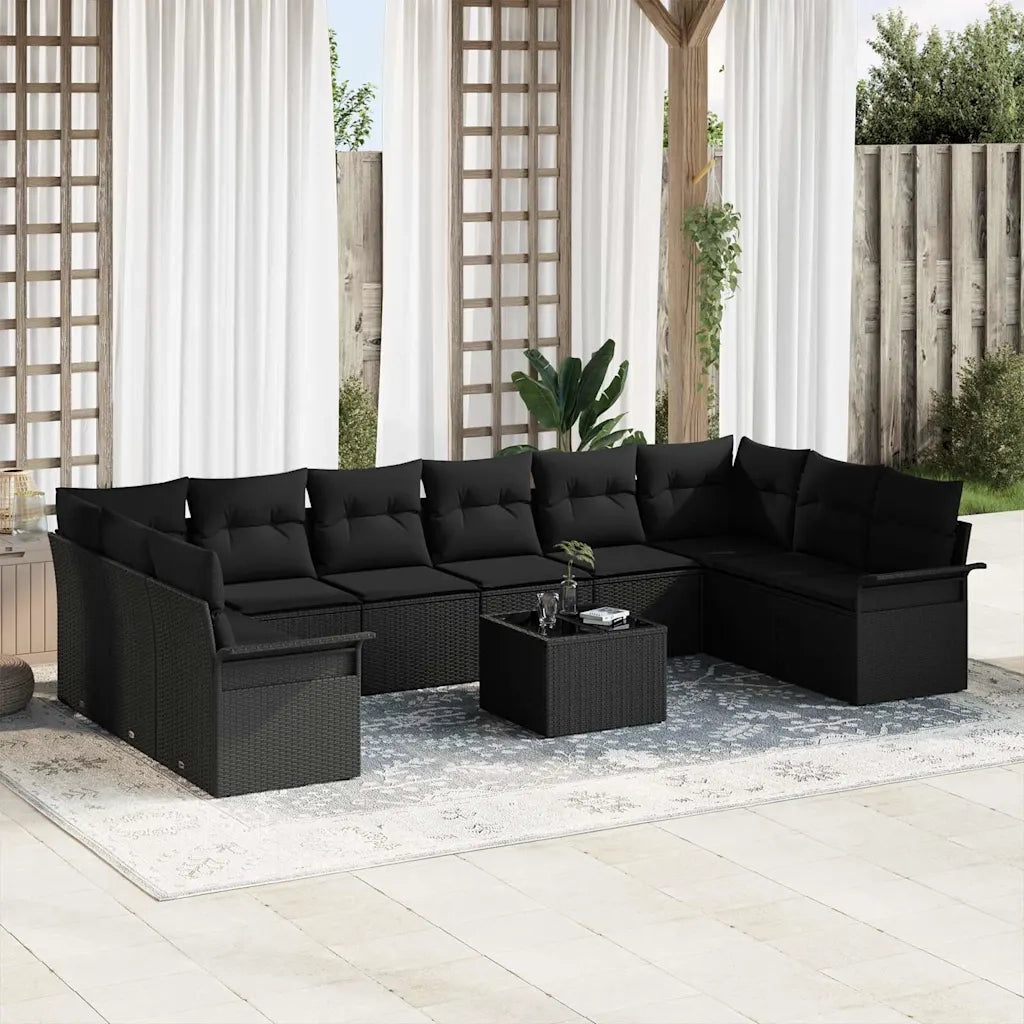 Set Divano da Giardino con cuscino 11 pcs Nero Poly Rattan