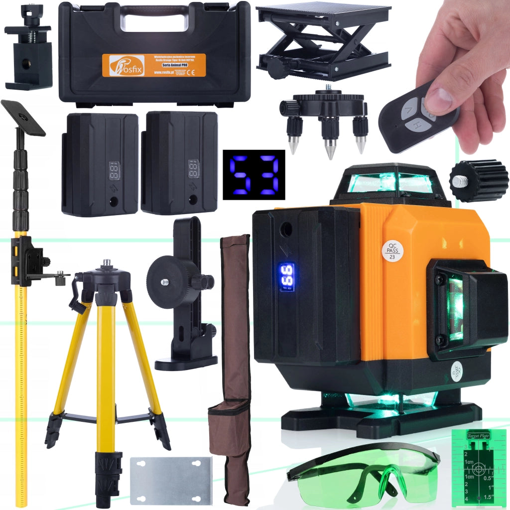 Livella Laser Rosfix Orange Tiger ROT16L – 16 Linee, Autolivellante, IP54 | Set con Treppiede, Asta, Occhiali, Piastra