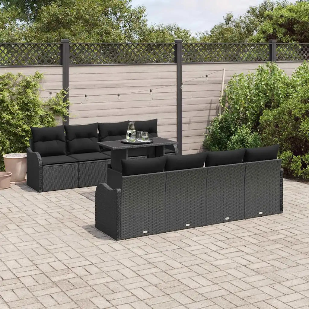 Set Divano da Giardino con cuscino 9 pcs Nero Poly Rattan