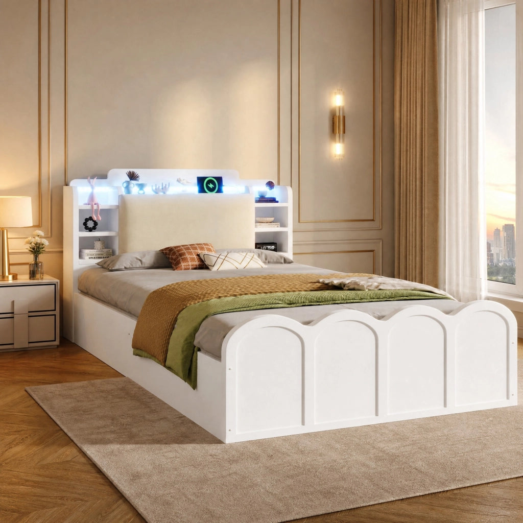 LETTO Contenitore Idraulico 90x200 cm Bianco con USB-C e LED